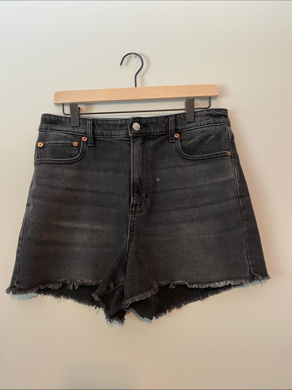 Black Denim High-Rise Frayed Hem Shorts